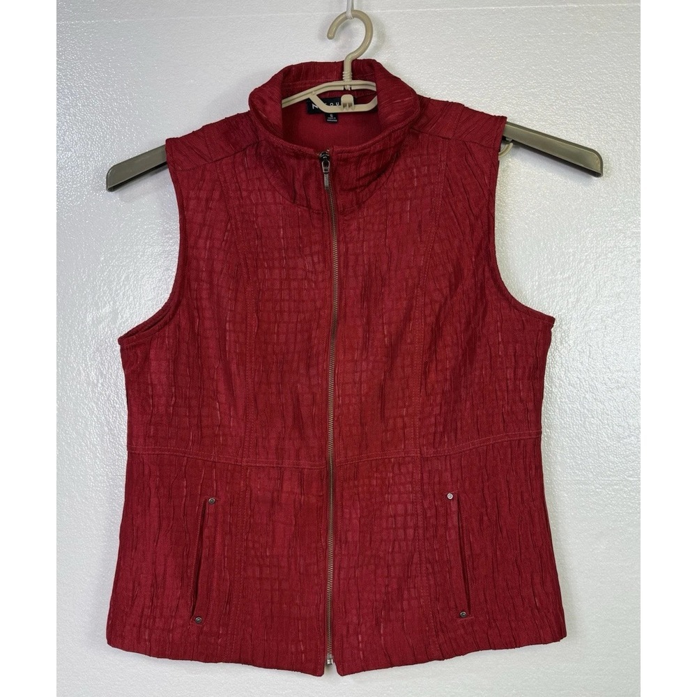 N‎ Touch Red Vest Womens Sz S Full Zip Pockets Lightweight Textured Chic Mod Hip